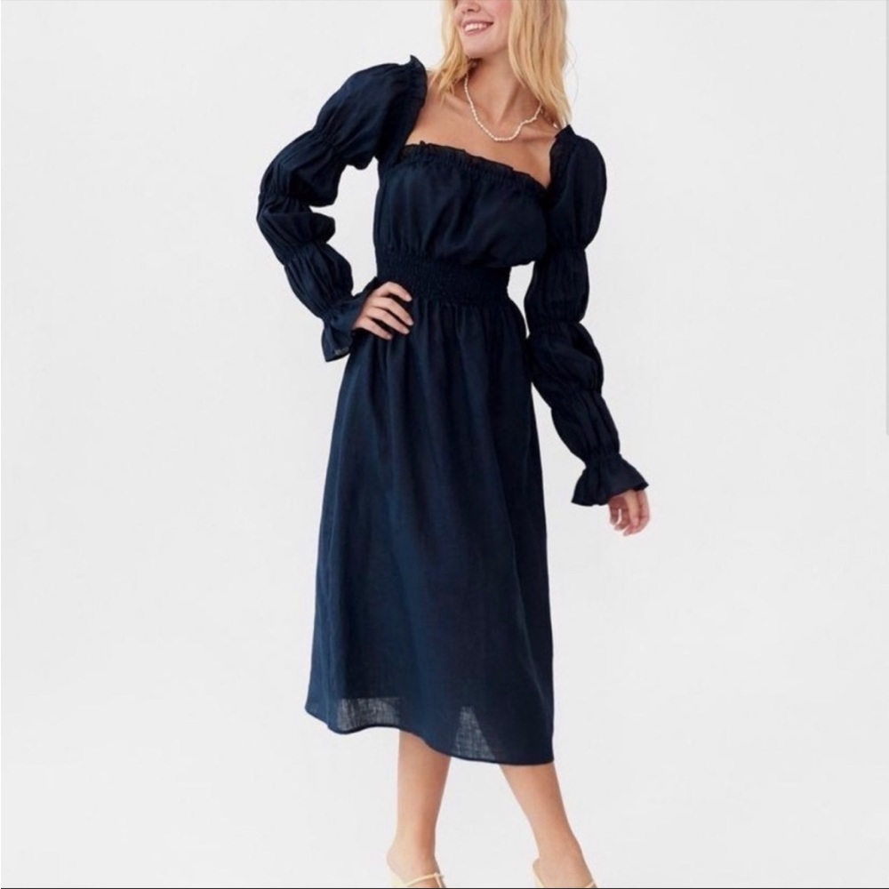 Sleeper Michelin Dress Navy Blue Linen. Small.